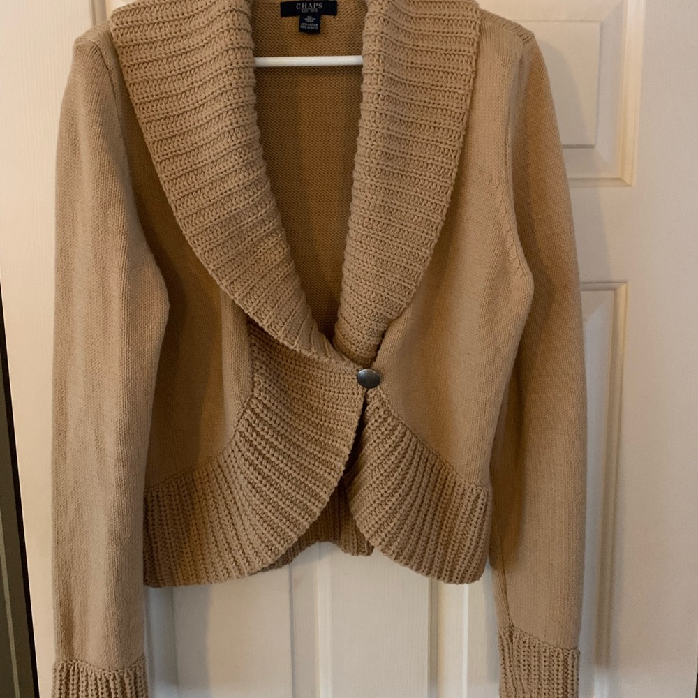 Cropped tan shawl collar sweater